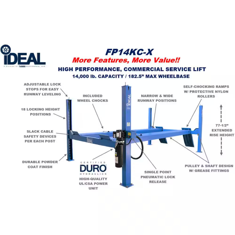 Ideal FP14KC-X 4 POST CAR LIFT 14000 Lbs. Capacity