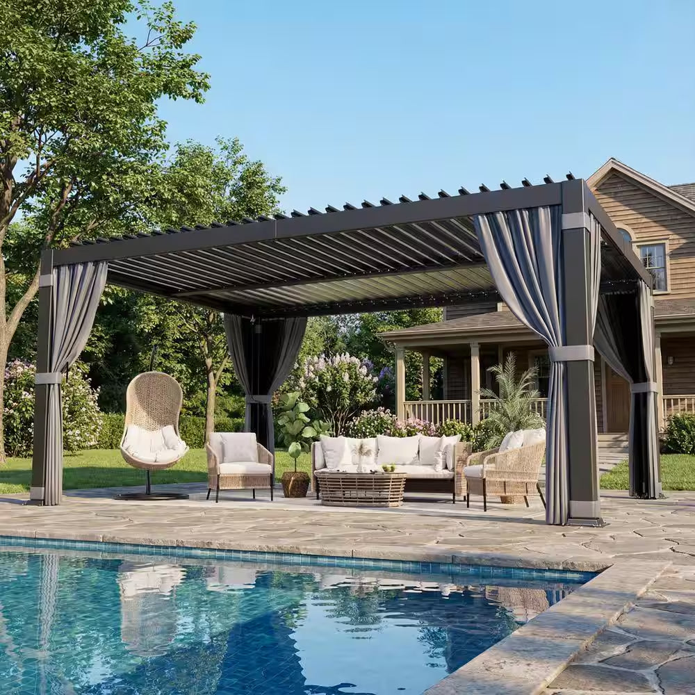12 Ft. X 16 Ft. Black Aluminum Outdoor Louvered Pergola with Nettings and Curtains