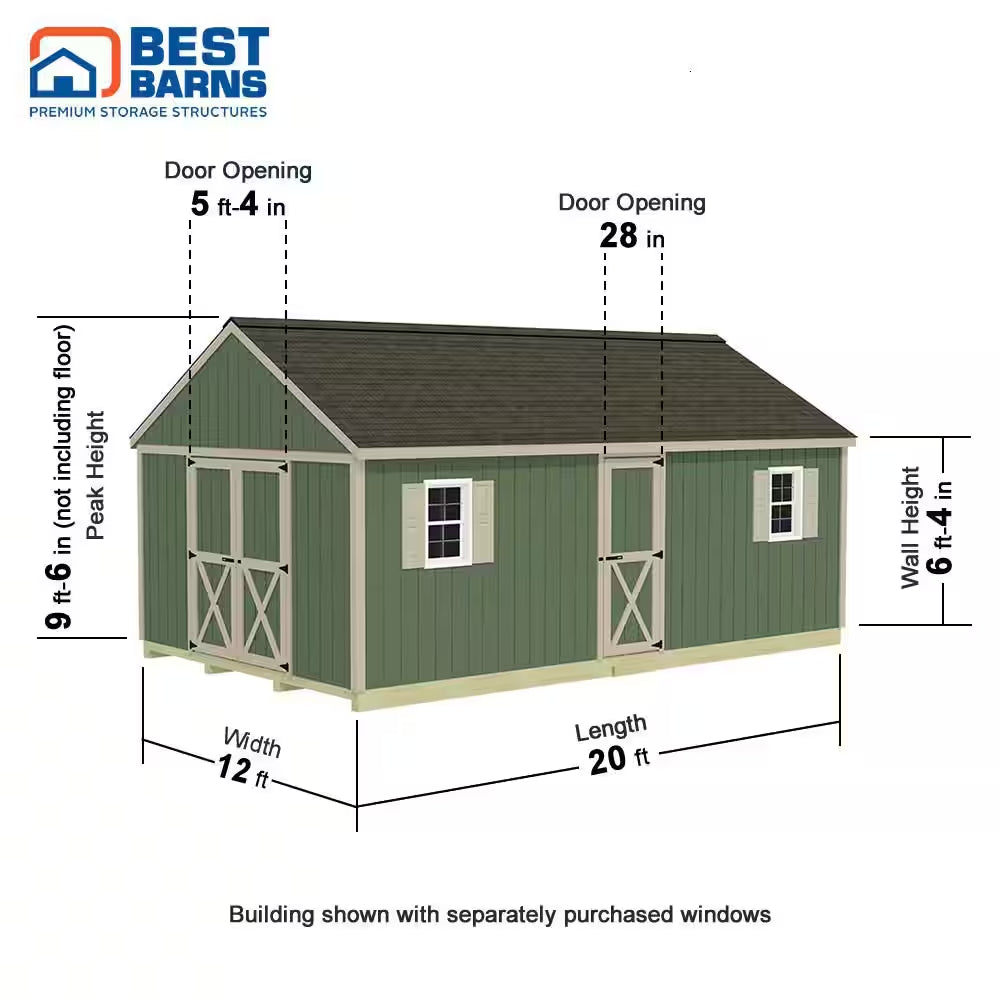 Shedquarters 12 Ft. X 20 Ft. Wood Shed Kit with Barn Doors, Extra Walk-In Door and Fortressfloor (240 Sq. Ft.)