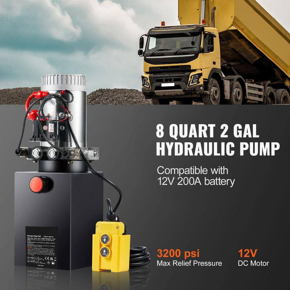 Hydraulic Pump, 8 Qt. Hydraulic Power Unit, Double Acting Dump Trailer Pump, 0.91 GPM Flow Rate, 3200 PSI Max Pressure