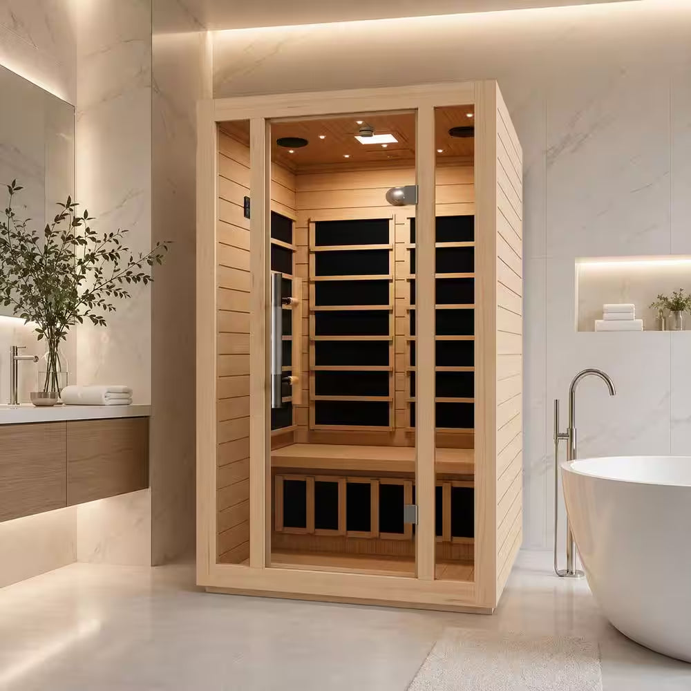 S08HD Series 2-Person Indoor Hemlock Wooden Low EMF Carbon FAR Infrared Home Sauna Room with LED Touch Control Panel