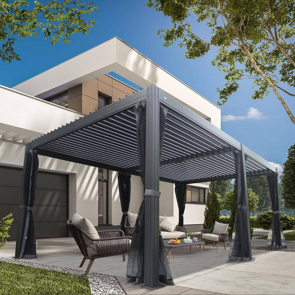 20 Ft. W X 12 Ft. D Aluminum Pergola with Two Adjustable Roof, Curtains, and Netting