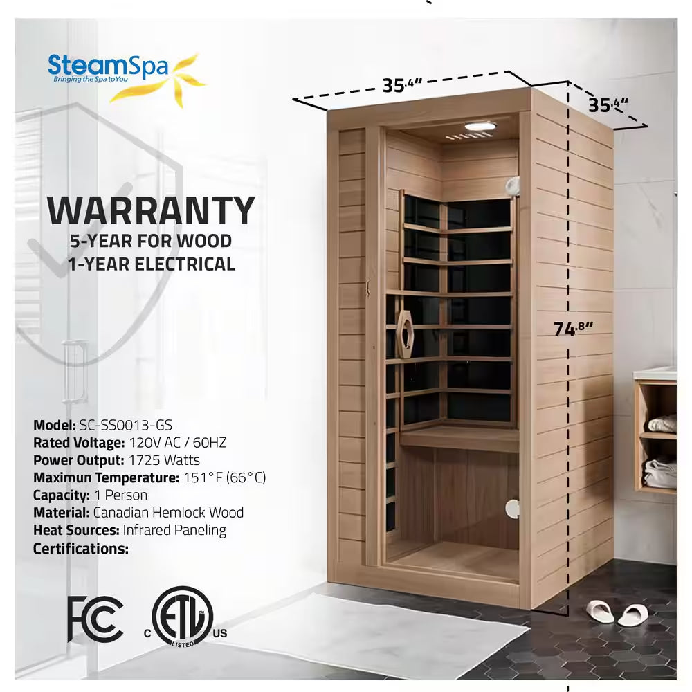 Home Sauna Room 1-Person Indoor Hemlock Wooden Infrared Sauna Spa with Bluetooth Digital Control Panel