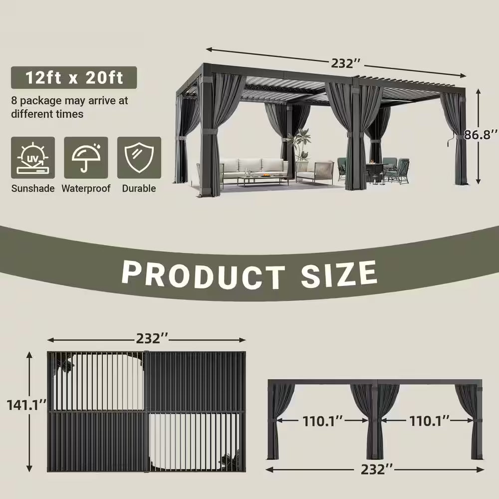12 Ft. X 20 Ft. Black Aluminum Outdoor Louvered Pergola with Water-Tight Adjustable Roof