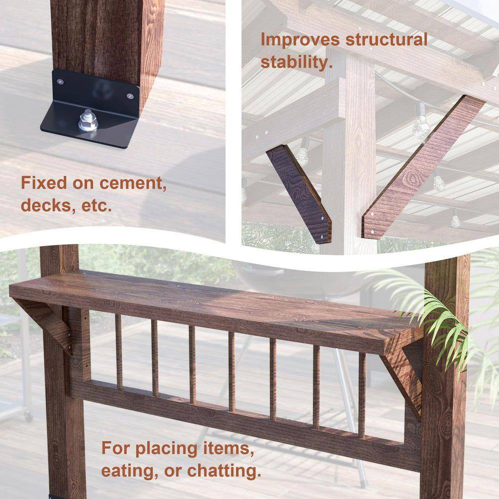 13 Ft. X 6.5 Ft. Wooden Pergola Grill Gazebo, Fir Wood Pergola with Metal Roof & Bulbs & Bar Counters