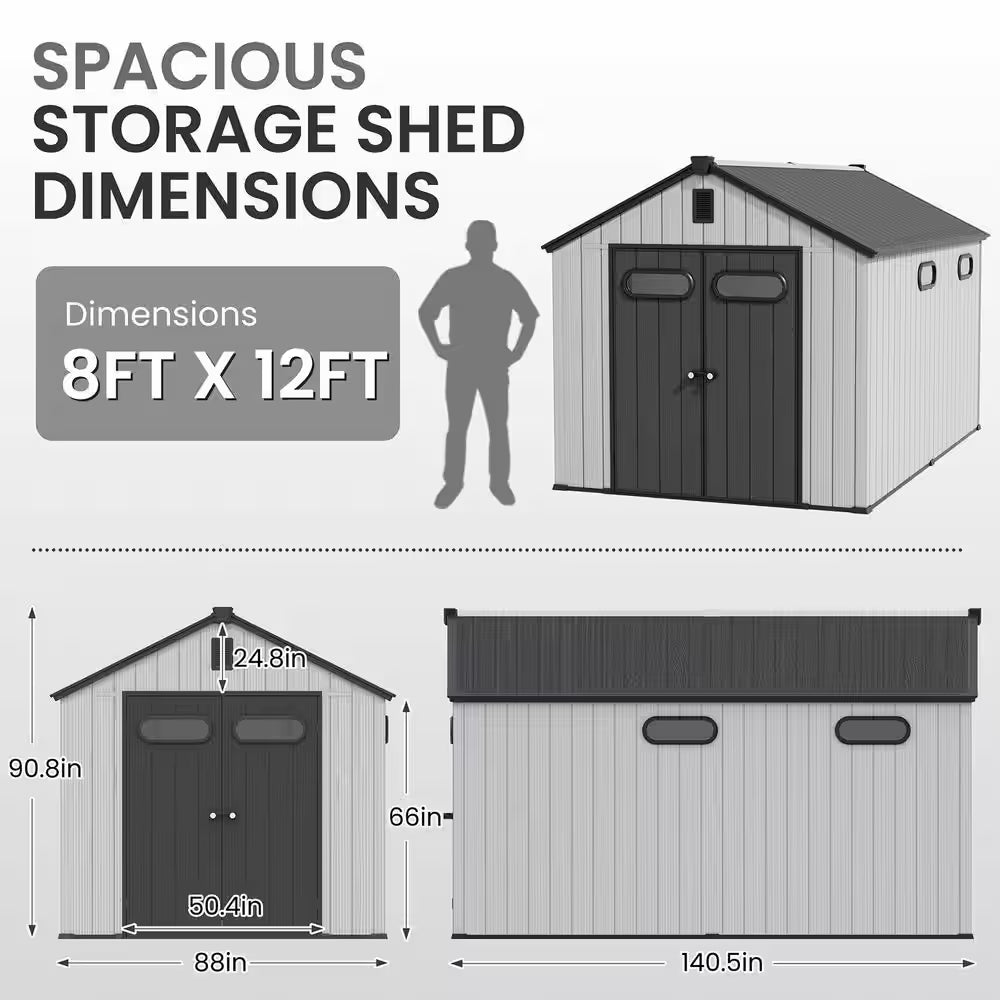 12 Ft. X 8 Ft. Resin Storage Shed with Floor All-Weather Plastic Garden Tool Shed with Windows 96 Sq. Ft. in Light Gray