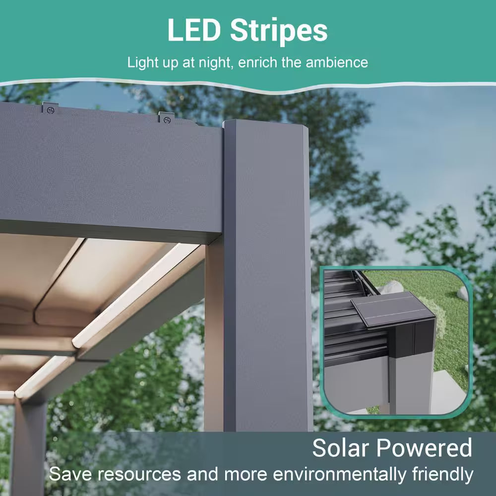 12 Ft. X 20 Ft. All-Aluminum Louvered Pergola with Adjustable Roof, Detachable LED Control Panel, Gray
