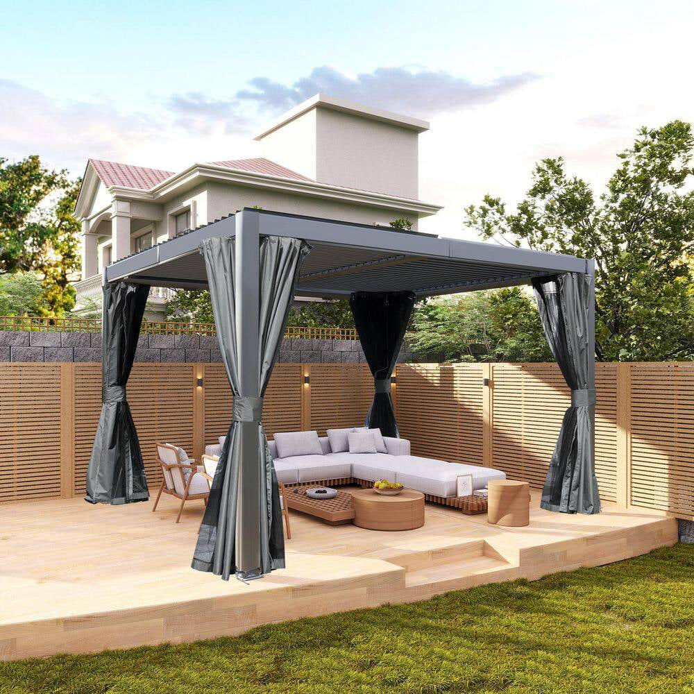12 Ft. X 10 Ft. Aluminum Pergola with Louvered Roof and Drainage System, Gray