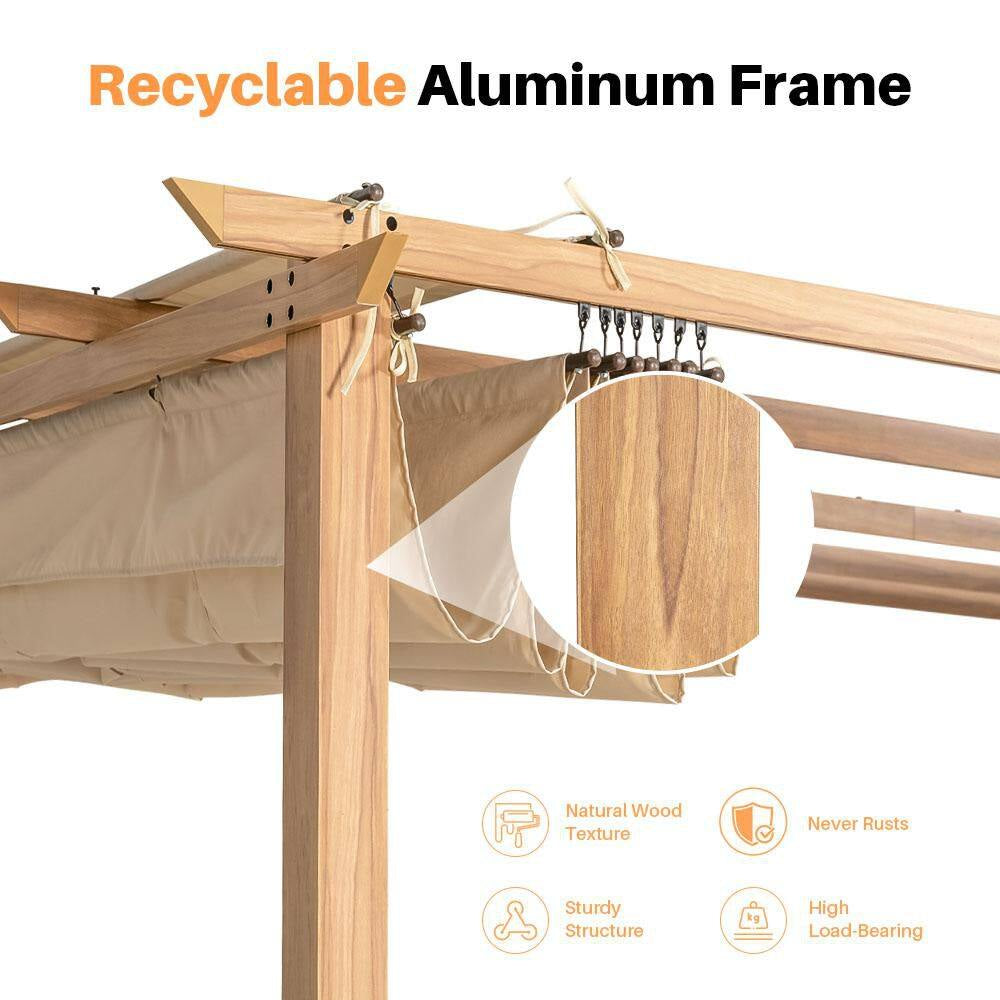 10 Ft. X 10 Ft. Wood Grain Aluminum Outdoor Pergola with Beige Retractable Sun Shade Canopy