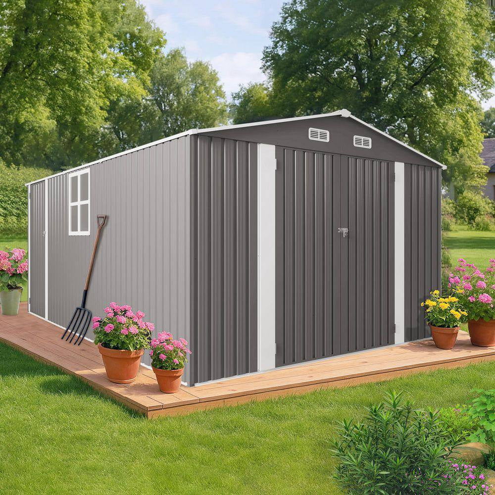 10 Ft.W X 14 Ft.D Outdoor Metal Storage Shed, Lockable Door Tool Shed with 2 Window for Patio/Lawns, Gray (130 Sq. Ft.)