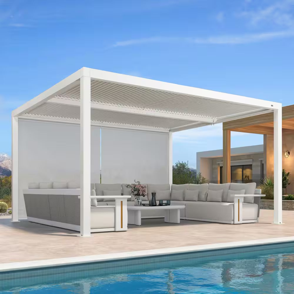 12 Ft. X 14 Ft. White Aluminum Frame Louvered Pergola with Adjustable Sunshade Roofs and 1-Long Side White Roller Shades