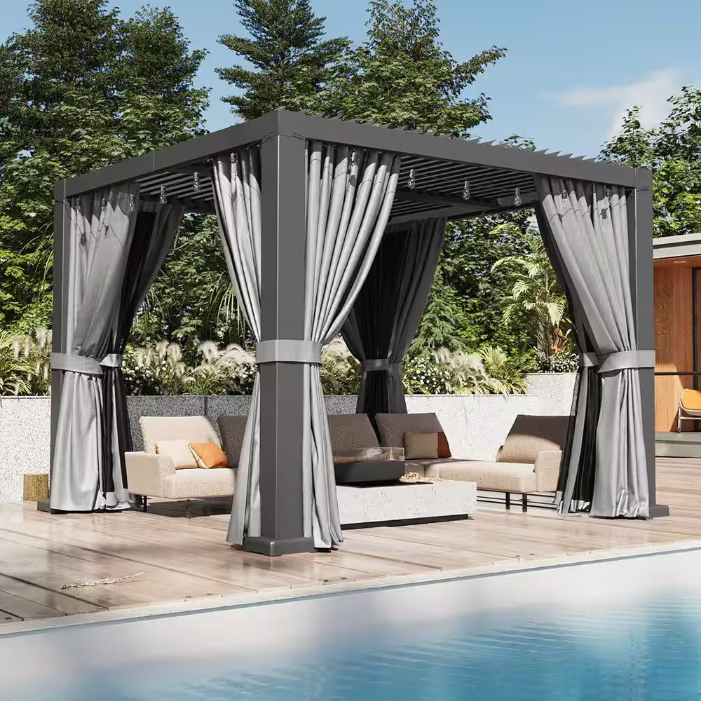 10 Ft. X 10 Ft. Louvered Aluminum Pergola with Curtains and Netting in Metallic Gray