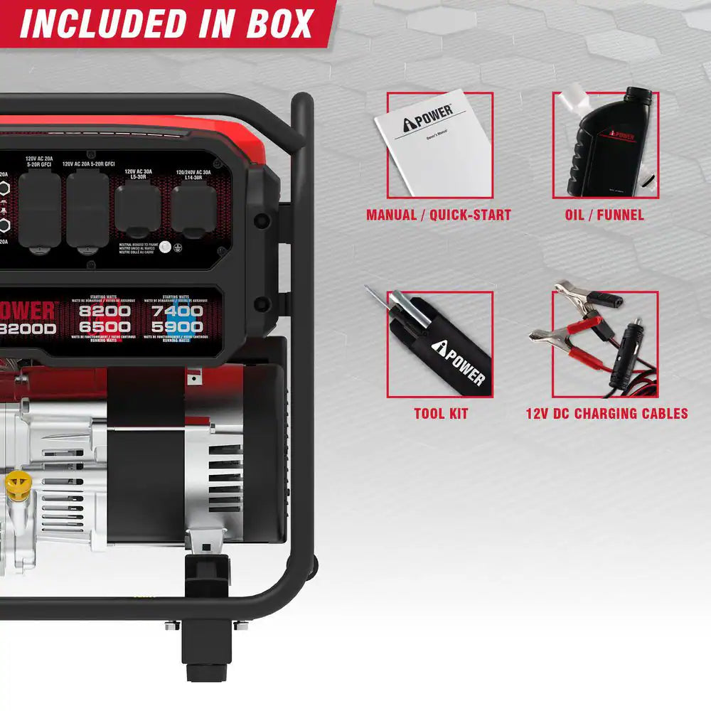 8200-Watt Recoil Start Gasoline Powered Portable Generator with 322Cc OHV Engine and CO Sensor Shutdown