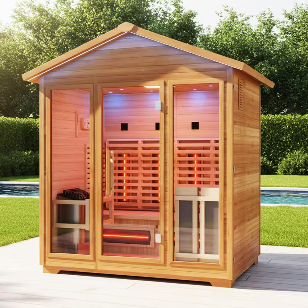 4-Person Infrared and Electric Heater Outdoor Red Cedar and Hemlock Wood Sauna with Wet/Dry Use, Touch Pad Controller