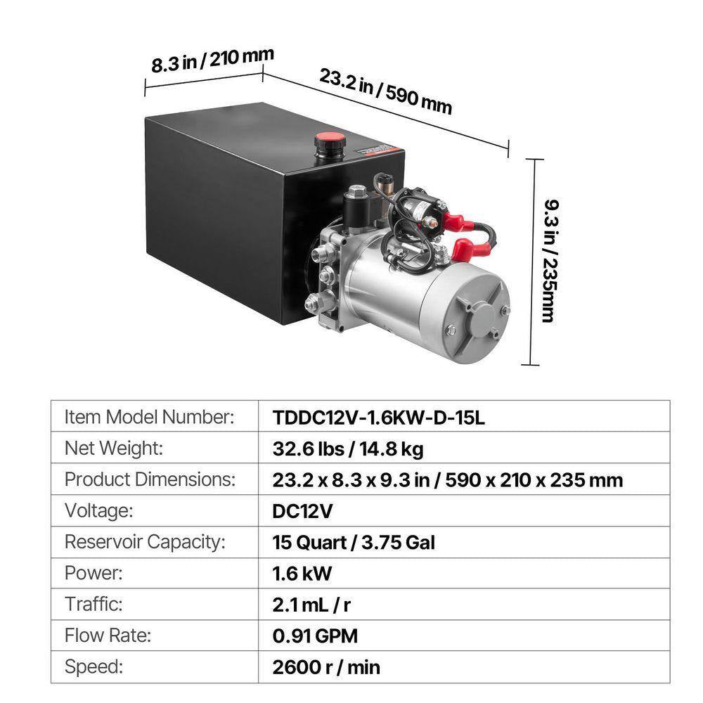 15 Qt. Hydraulic Power Unit, Single Acting Dump Trailer Pump, 3200 PSI Max Relief Pressure & 0.91 GPM Flow Rate, DC 12V