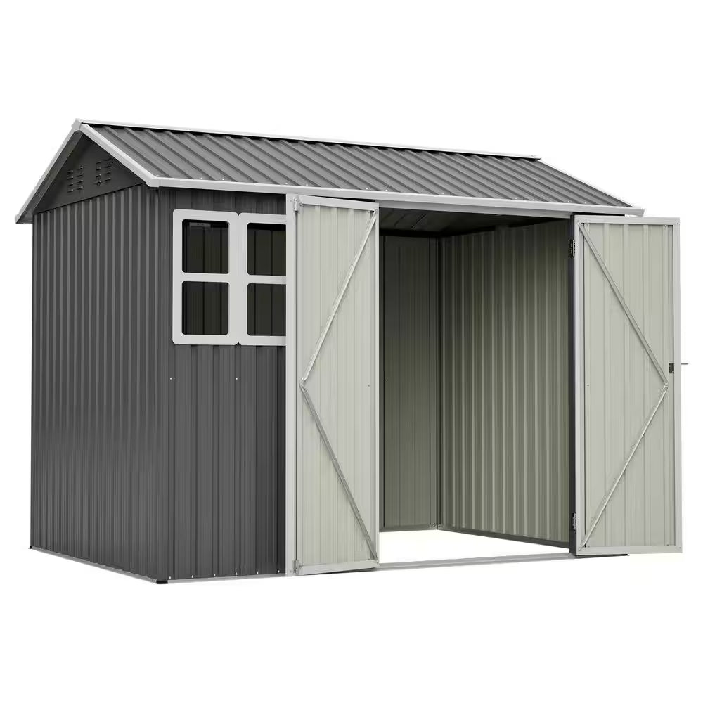 Metal 8 X 6 Ft. Steel Storage Shed with Window and Lockable Doors, Dark Gray for Garden Patio and Yard (43.69 Sq Ft)