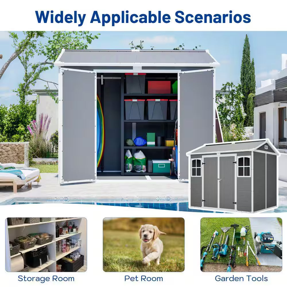 8X6 Ft Plastic Utility Shed with Floor-Lockable Storage Shed All-Weather Outdoor Organizer in Gray-White (48 Sq. Ft. )