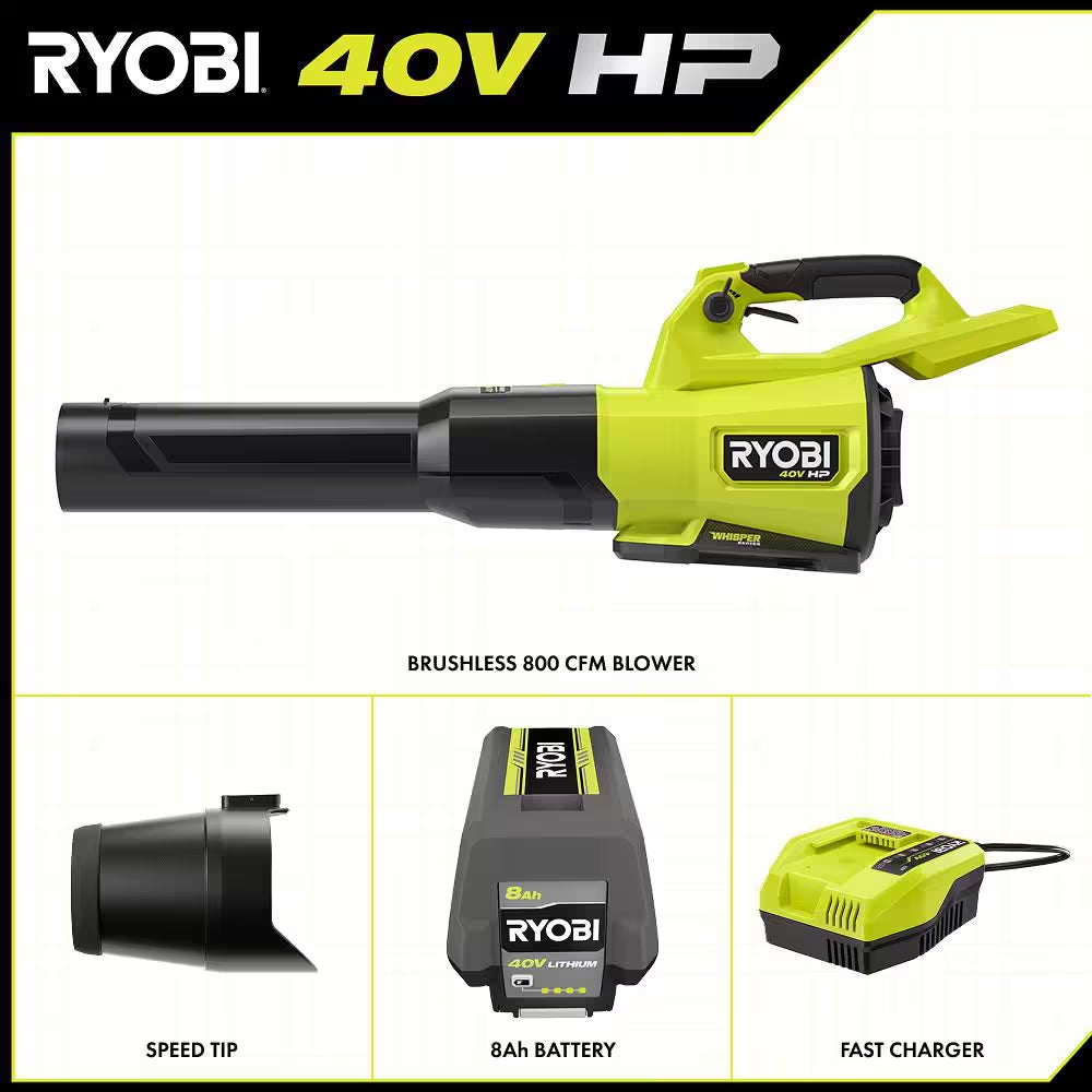 40V HP Brushless Whisper Series 180 MPH 800 CFM Cordless Battery Leaf Blower with 8.0 Ah Battery and Charger