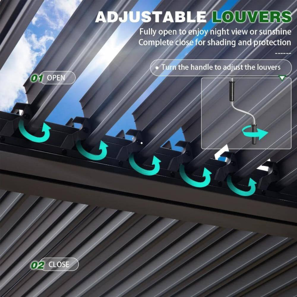 10 Ft. X 10 Ft. Outdoor Louvered Pergola with Curtains and Netting for Patio, Garden, Backyard, Dark Gray