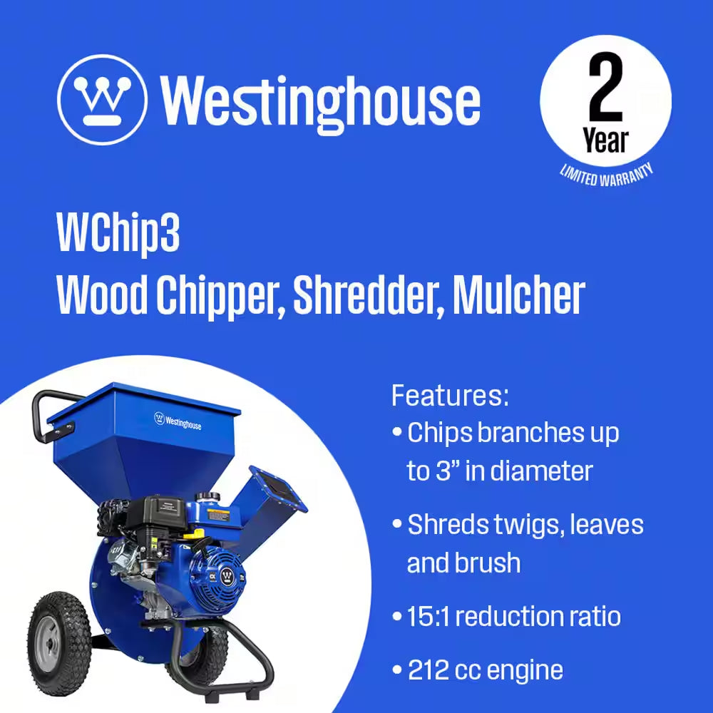 3 In. Dia 212Cc 3-In-1 Gas Powered Wood Chipper Shredder Mulcher