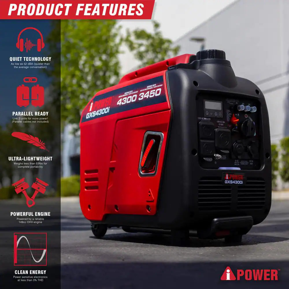 4300-Watt Recoil Start Gasoline Powered Light-Weight Inverter Generator with 149Cc OHV Engine and CO Sensor Shutdown