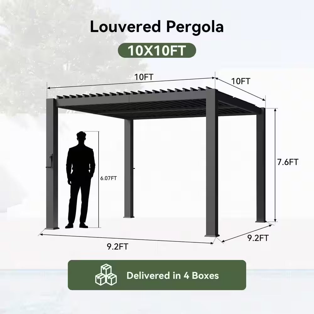 10 Ft. X 12 Ft. Black Metal Pergola with Adjustable Louvered Roof