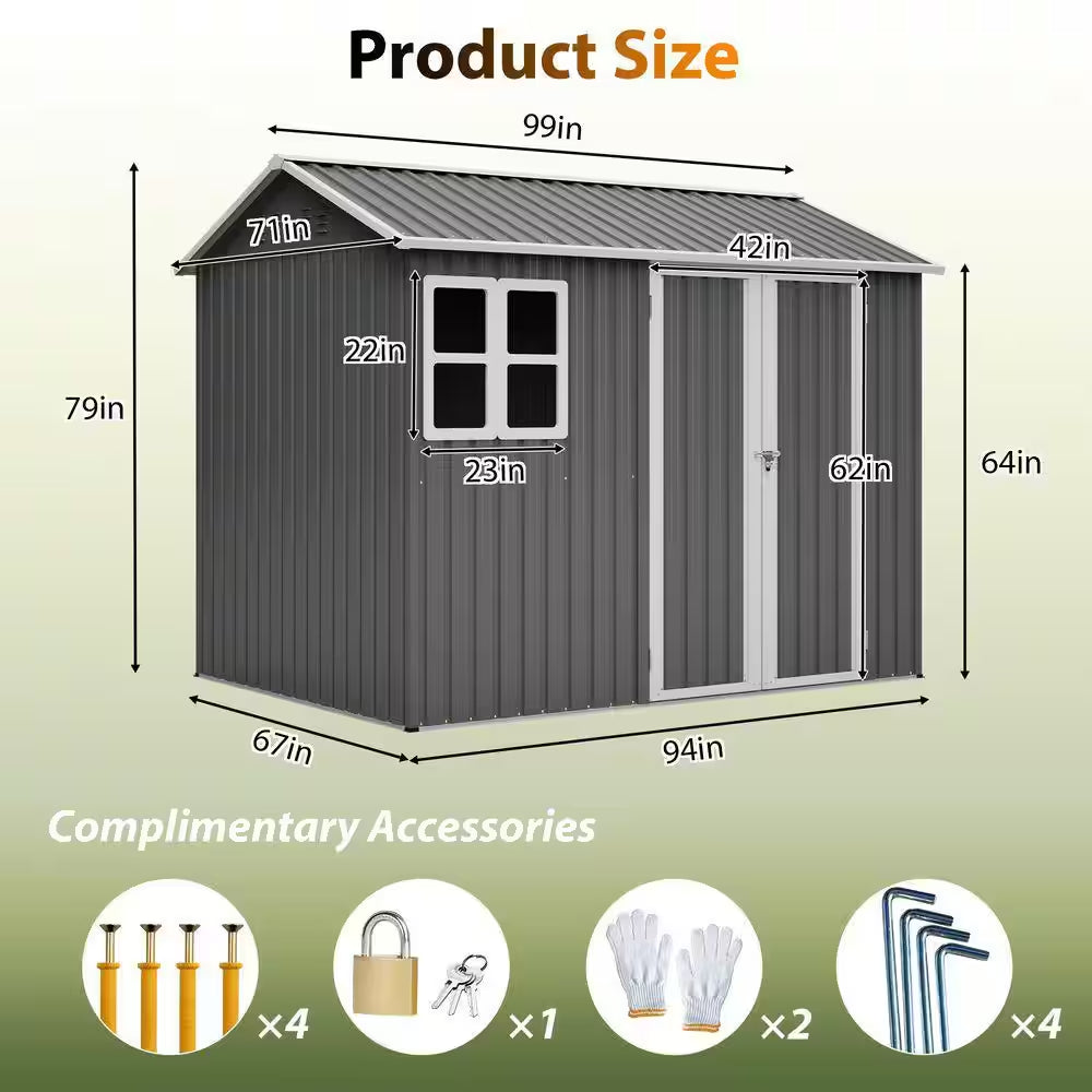 Metal 8 X 6 Ft. Steel Storage Shed with Window and Lockable Doors, Dark Gray for Garden Patio and Yard (43.69 Sq Ft)
