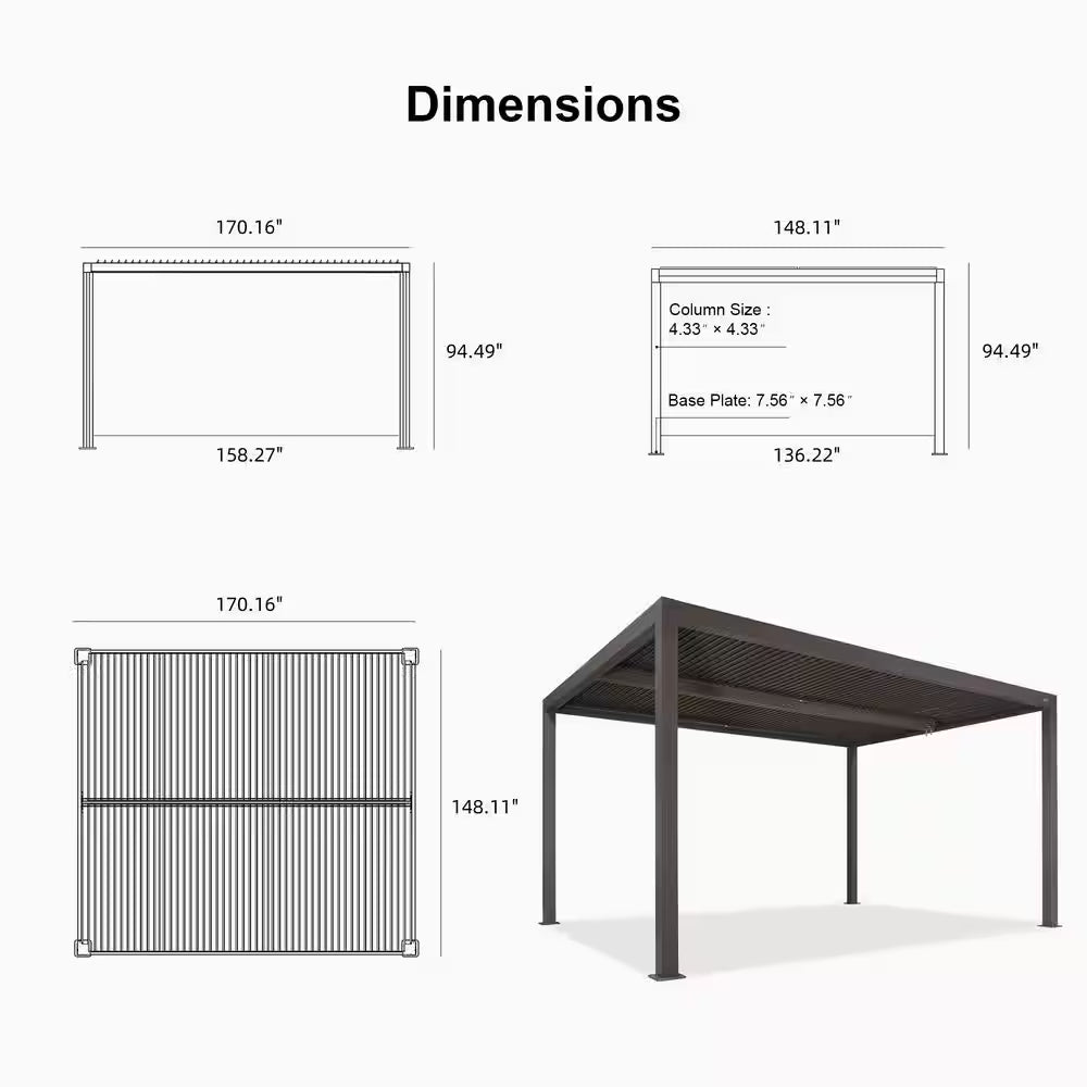 12 Ft. X 14 Ft. Bronze Aluminum Frame Louvered Pergola with Adjustable Sunshade Roofs and 1-Long Side Roller Shades