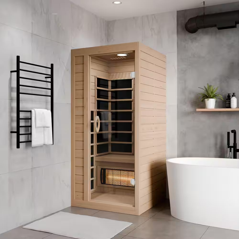 S13HD Series 1-Person Indoor Hemlock Wooden Infrared Saunas with Carbon FAR, LED Touch Control Panel and Heater