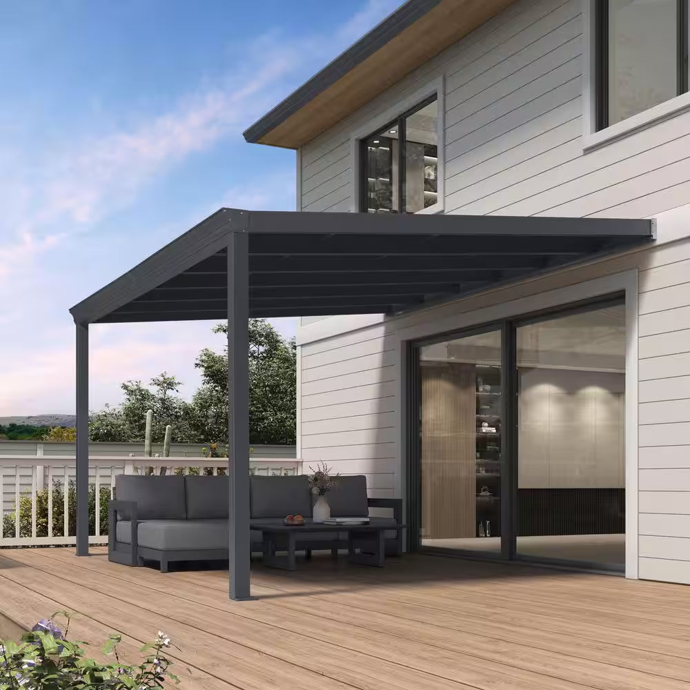 12 Ft. X 14 Ft. Gray Wall-Mounted Outdoor Pergola Aluminum Lean to Gazebo with PC Canopy and In-Built Gutter System