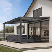 12 Ft. X 14 Ft. Gray Wall-Mounted Outdoor Pergola Aluminum Lean to Gazebo with PC Roof and Retractable Canopy