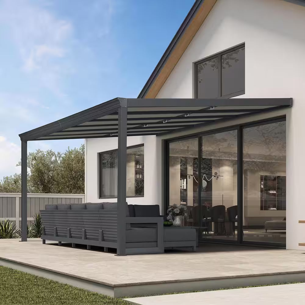 12 Ft. X 14 Ft. Gray Wall-Mounted Outdoor Pergola Aluminum Lean to Gazebo with PC Roof and Retractable Canopy
