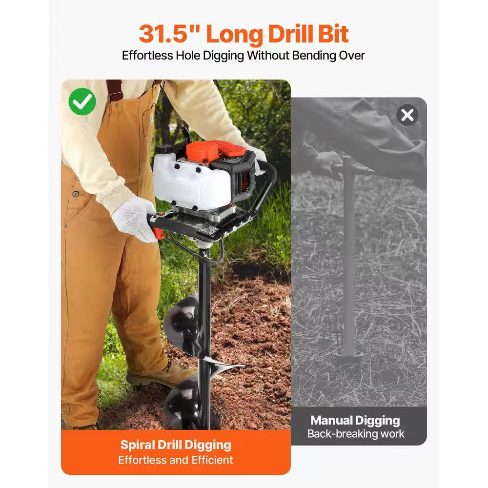 Post Hole Digger, 30 In. Long Alloy Steel Auger 52Cc 1450W Auger Post Hole Digger, Gas Powered Earth Digger