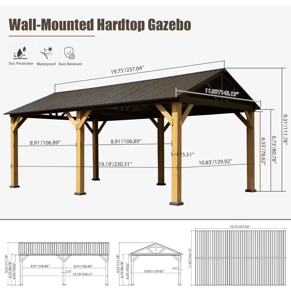 12 Ft. X 20 Ft. Hardtop Gazebo with Galvanized Steel Gable Roof, Permanent Pergola for Deck Backyard