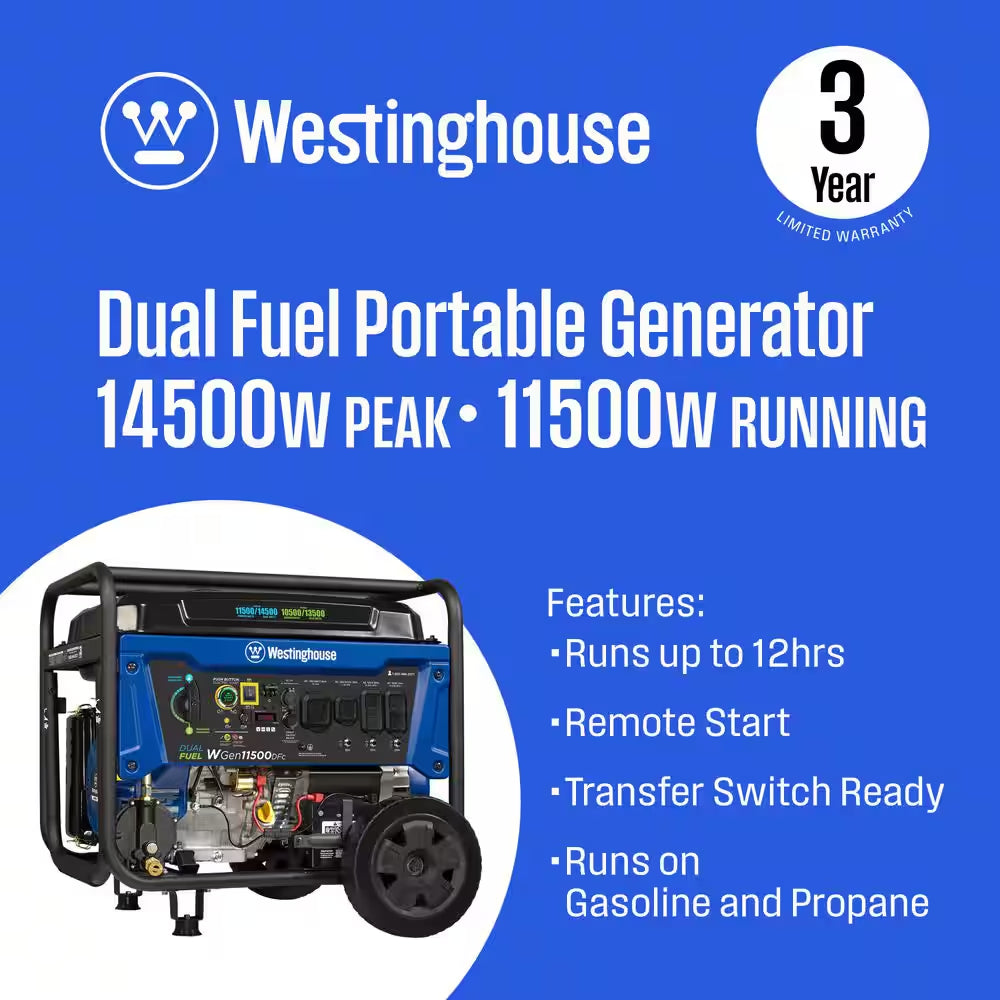 14,500/11,500-Watt Remote Electric Start Dual Fuel Gas and Propane Portable Generator W/ Low THD, 50A Outlet, CO Sensor