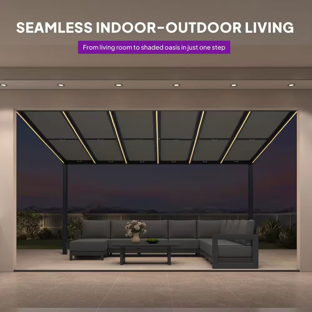 12 Ft. X 14 Ft. Gray Wall-Mounted Outdoor Pergola Aluminum Lean to Gazebo with PC Roof, LED Light and Retractable Canopy