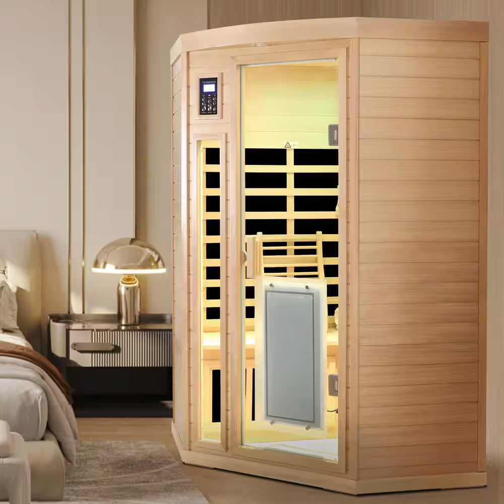 2-Person Natural Wood Far Infrared Hemlock Wood Pentagon Sauna Room with LED Reading Light