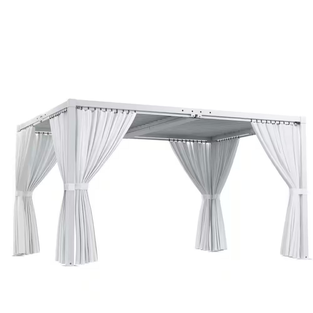 10 Ft. X 13 Ft. White Aluminum Louvered Pergola with Steel Roof and Curtains