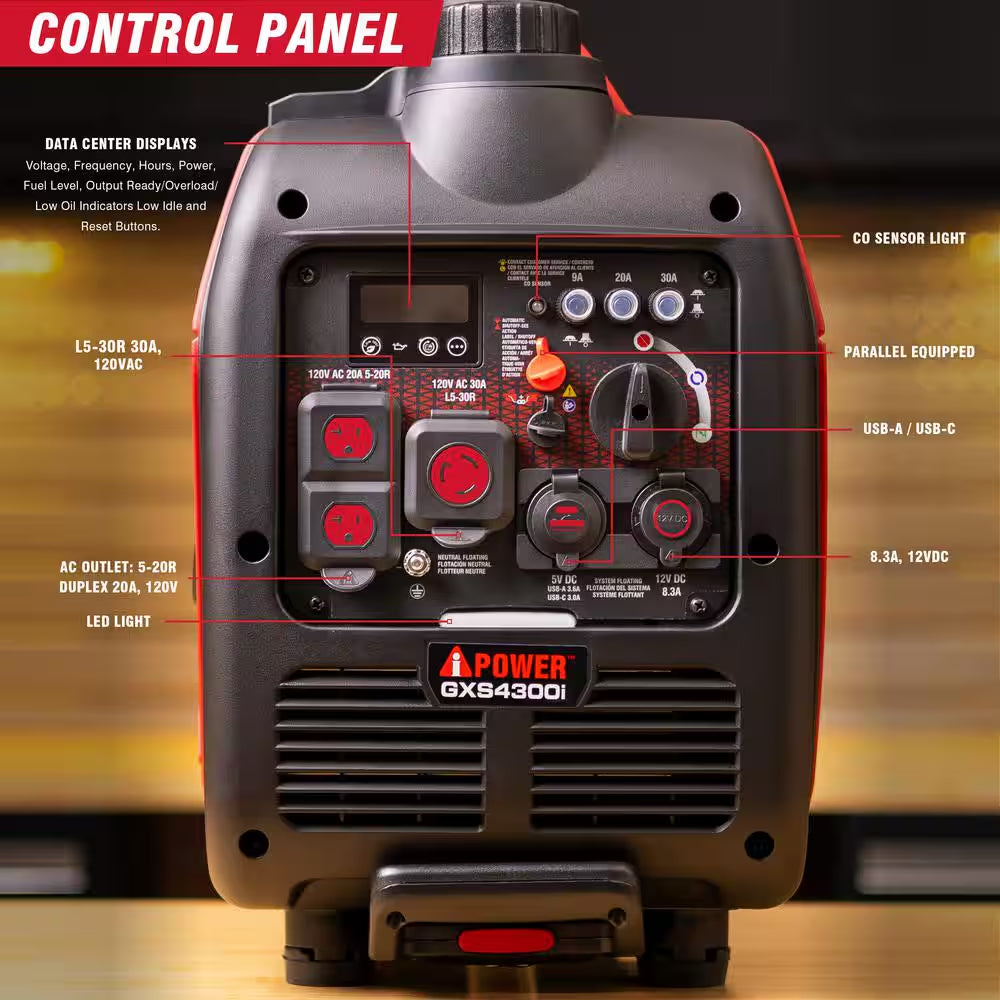 4300-Watt Recoil Start Gasoline Powered Light-Weight Inverter Generator with 149Cc OHV Engine and CO Sensor Shutdown
