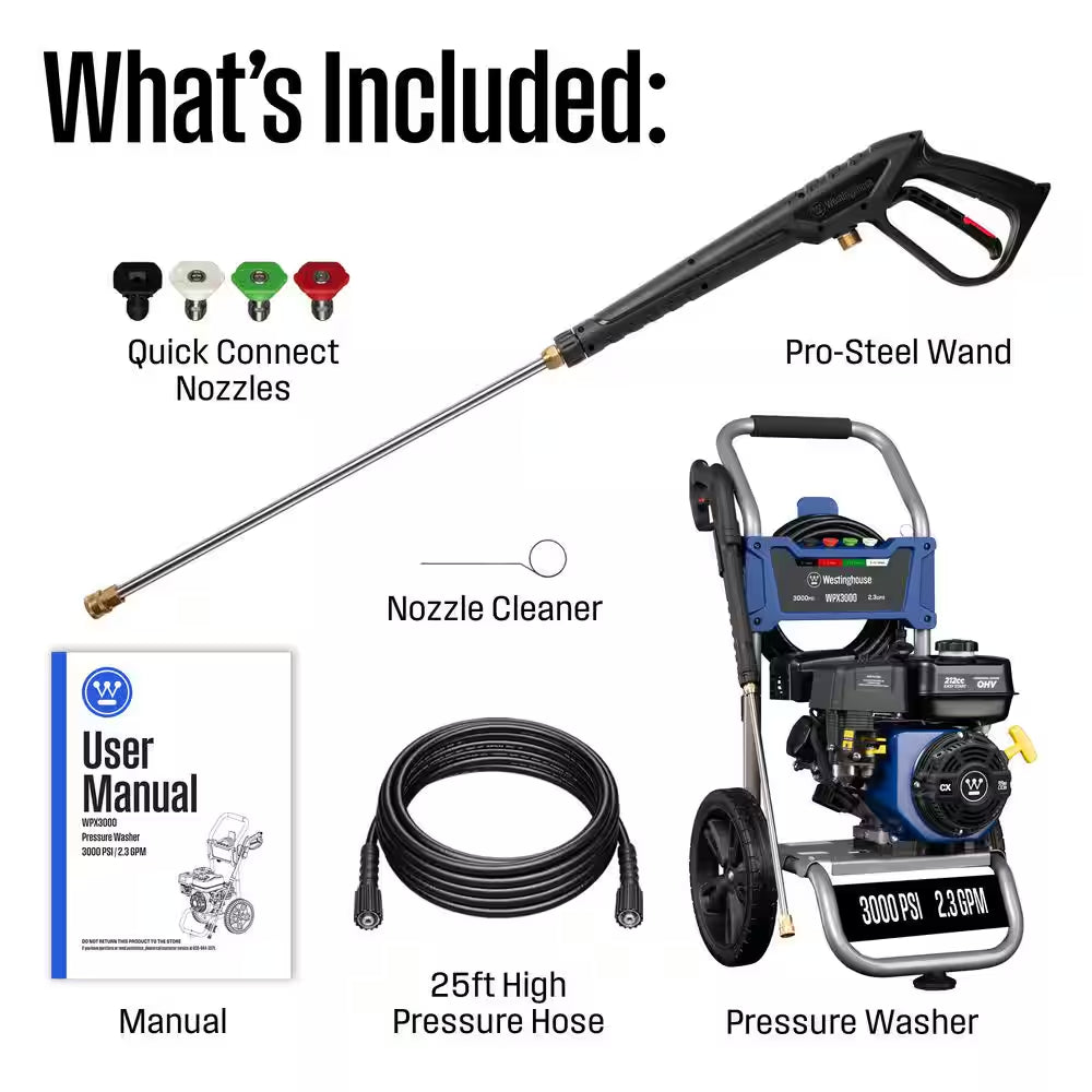 3000 PSI 2.3 GPM Gas Powered Axial Cam Pump Cold Water Pressure Washer with 4 Quick Connect Tips