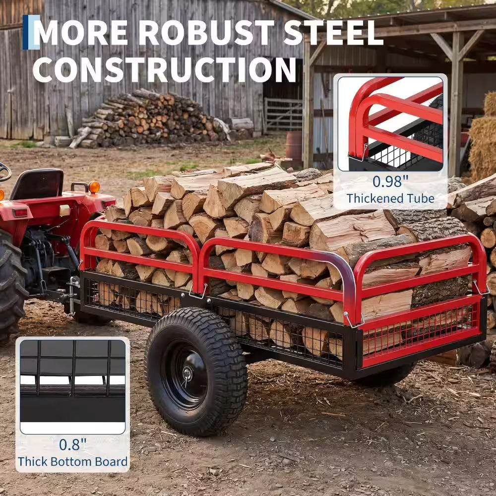 1500 Lb. 15 Cu. Ft. Heavy-Duty Steel Tow-Behind Dump Cart with Removable Sides and Pneumatic Tires, Red