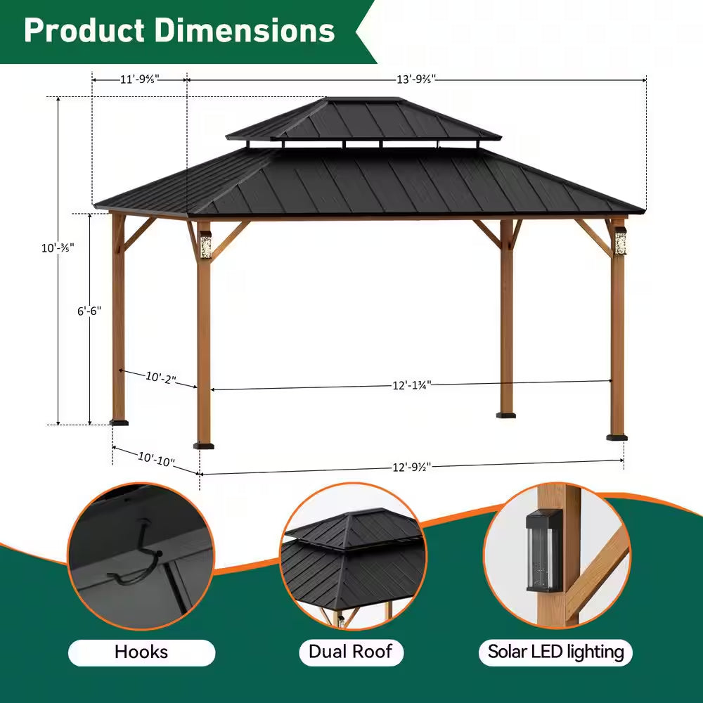 Ultra Series 12 Ft. X 14 Ft. Permanent Hardtop Gazebo with Solar LED Lights, Mosquito Nettings, Wood Looking