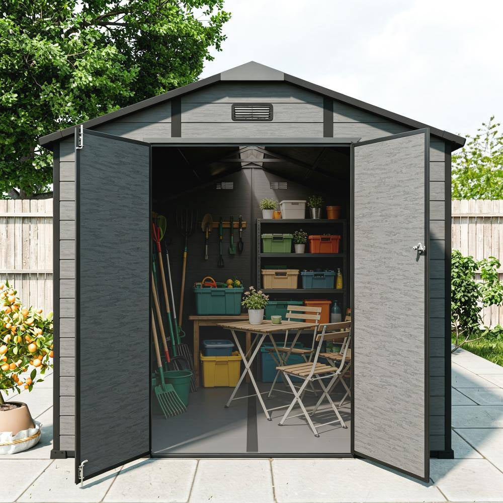 8 Ft. W X 14 Ft. D Plastic Resin Storage Shed with Floor and Windows in Dark Gray