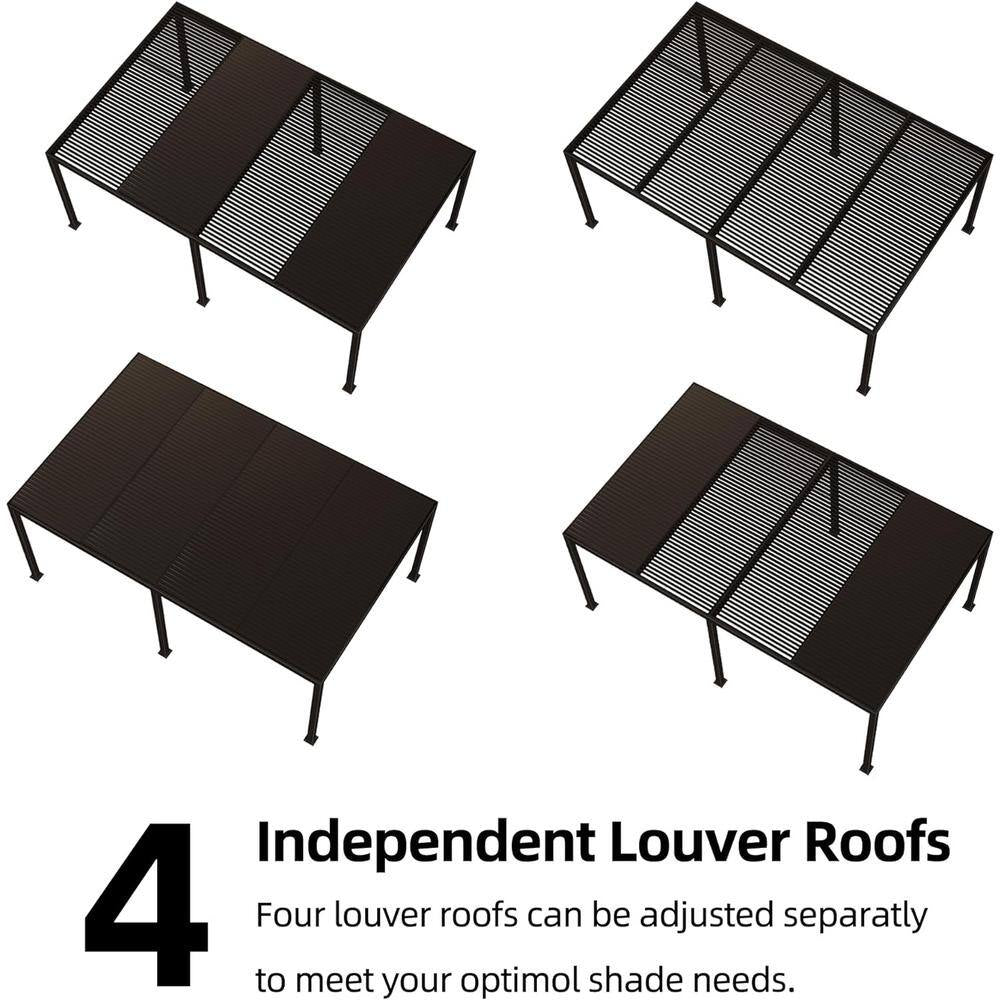 12 Ft. X 20 Ft. Bronze Aluminum Frame Louvered Pergola with Adjustable Roofs and 1-Long Side Bronze Roller Shades