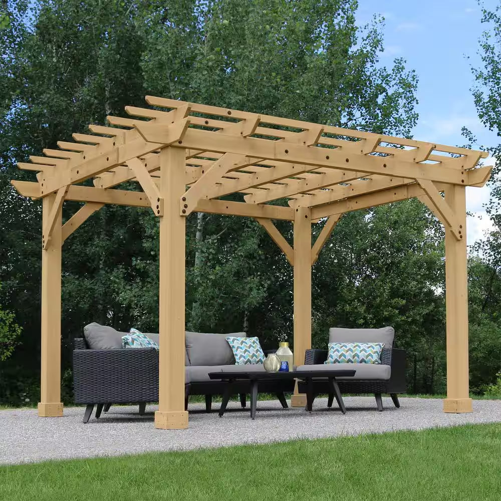 Meridian 10 Ft. X 12 Ft. Cedar Backyard Pergola with Stylish Architectural Posts and Multilevel Crisscross Trellis Roof