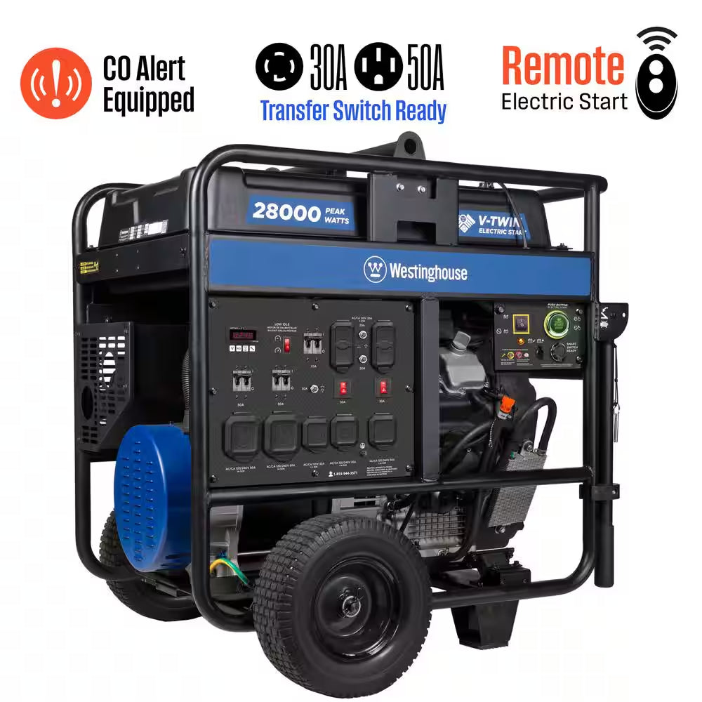 28,000/20,000-Watt Remote Electric Start Tri-Fuel Gas, Propane, Natural Gas Powered Portable Generator W/ Low THD
