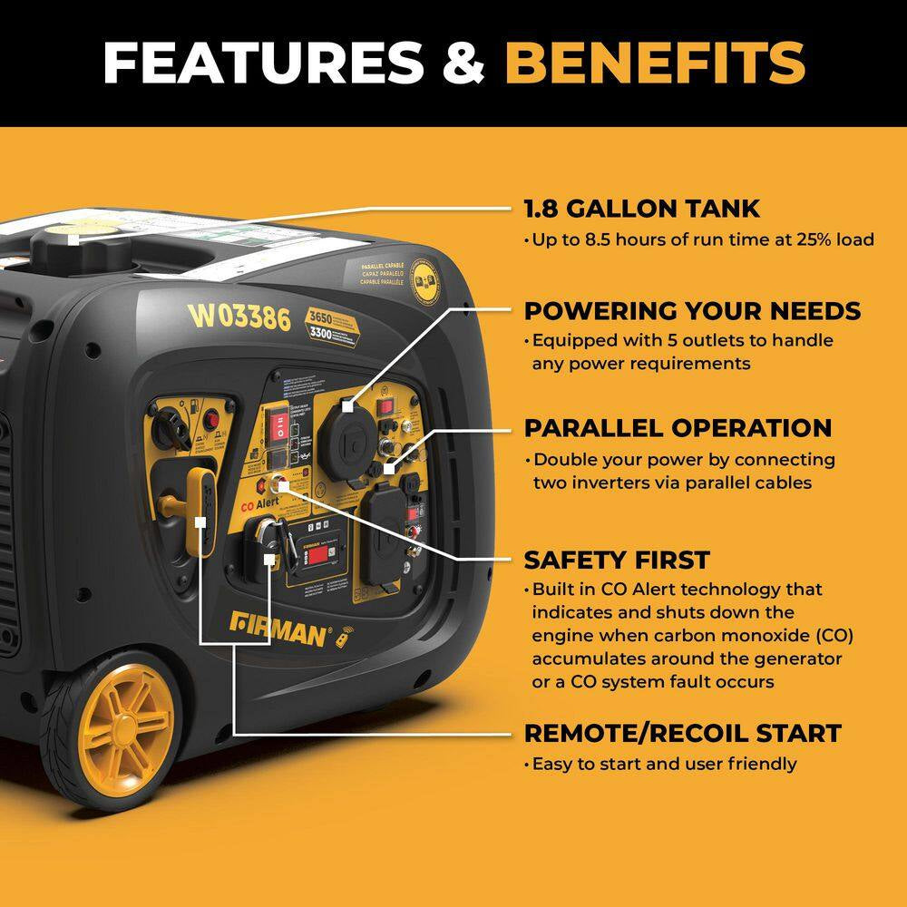 3650-Watt,3300-Watt Remote Electric Start Gas Powered Inverter Generator With, RV Ready Outlet and CO Alert Technology