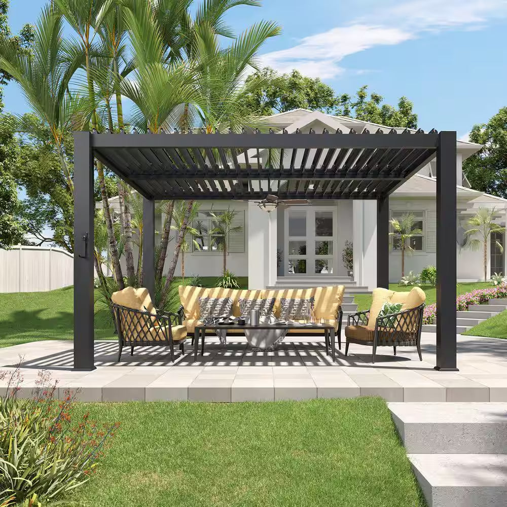 10 Ft. X 12 Ft. Black Metal Pergola with Adjustable Louvered Roof