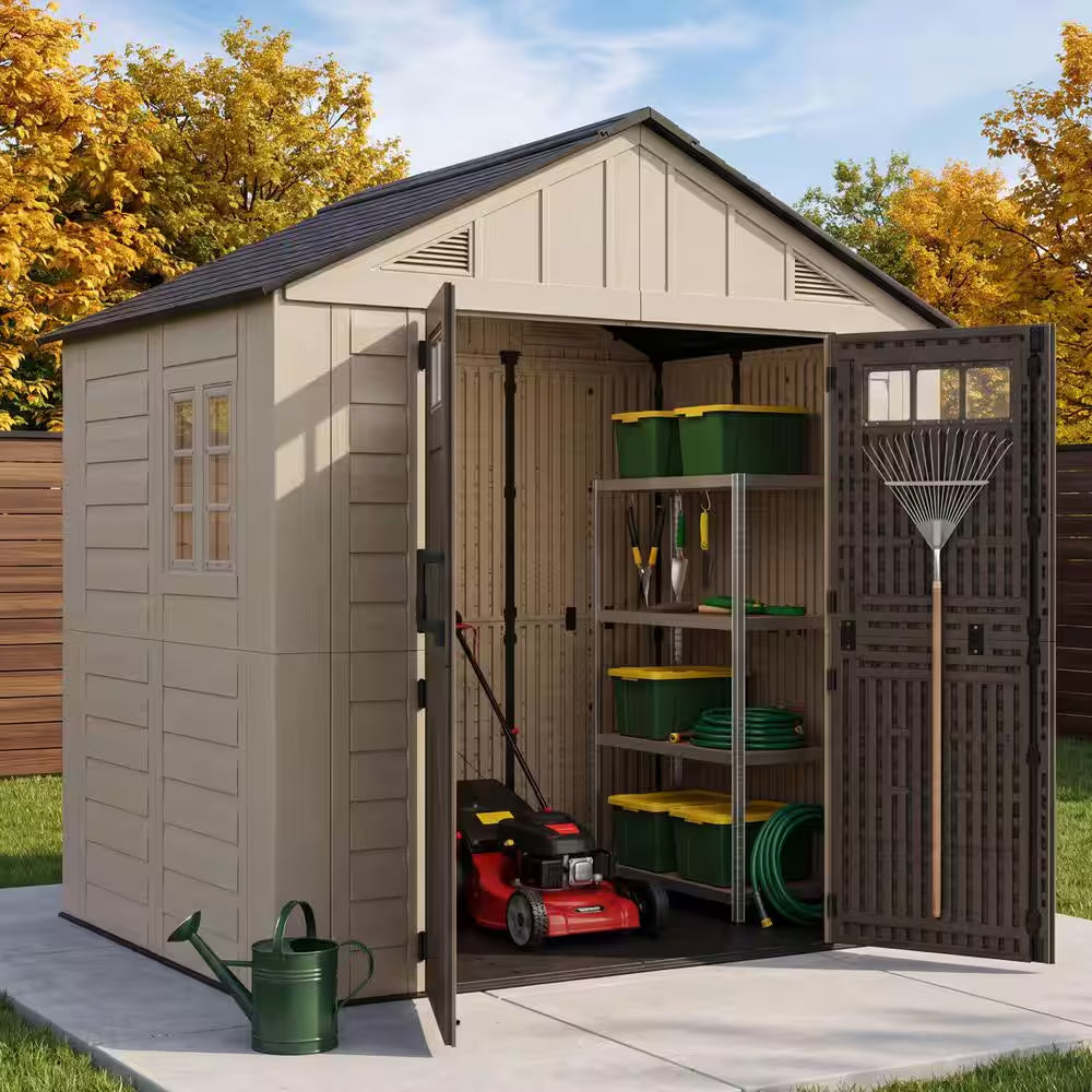 8 Ft. W X 6 Ft. D Outdoor Gray Resin Storage Plastic Shed with Lockable Door and Floor (47 Sq. Ft.)