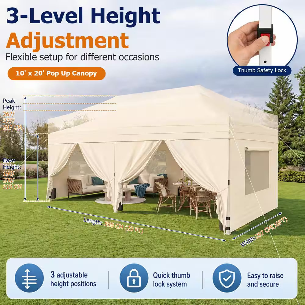 10 Ft. X 20 Ft. Beige Party Wedding Tent Pop-Up Canopy Tent Heavy-Duty with Mesh Windows, 3-Adjustable Height